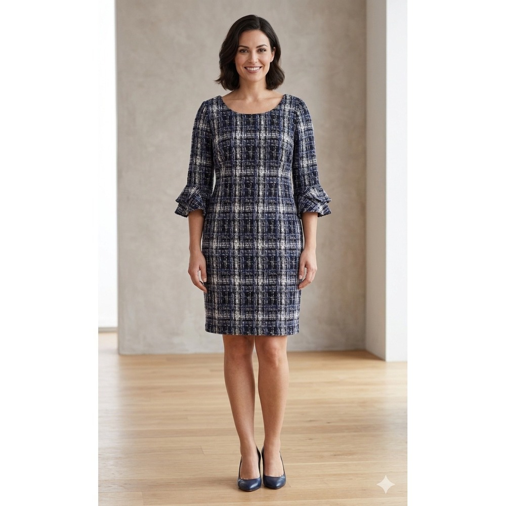 DKNY Sheath Dress Womens 12 Blue Plaid Tweed Ruffle Sleeve‎ Knit Stretch